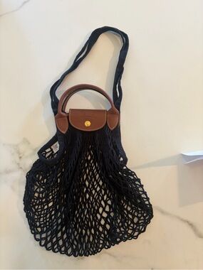 Longchamp black Mesh Clutch with Brown Leather Trim